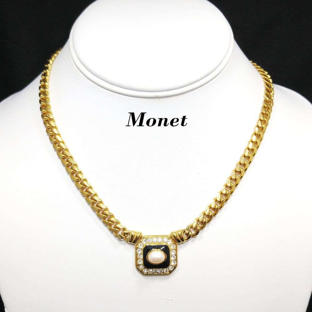 Vintage Monet Gold Pendant Necklace Faux Pearl Black Enamel Rhinestones 1980s